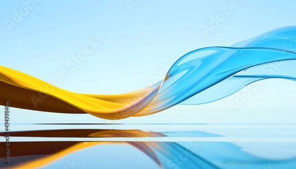 Fototapeta 3d render abstract background in nature landscape. Transparent glossy glass ribbon on water. Yellow and blue colors curved wave in motion. Modern design element for banner background, wallpaper.