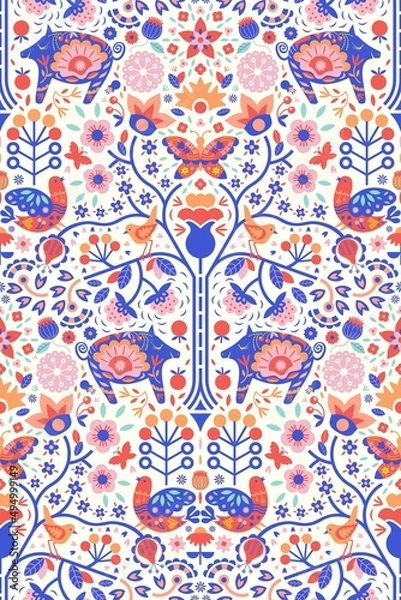 Obraz Stylized tree, intricate flowers, leaves, berries, fruits, plants, shapes in Scandinavian style. Cute pig is about to eat an apple, butterflies, birds. Maximalist folk design trend based on nature.