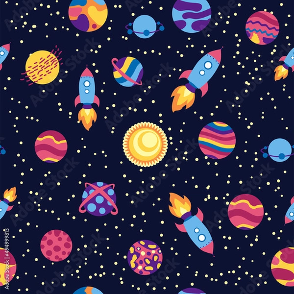 Fototapeta Seamless space pattern. Planets, rockets and stars. Cartoon spaceship. Childish background. Hand drawn