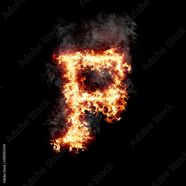 Fototapeta Letter F burning in fire with smoke, digital art isolated on black background, a letter from alphabet set