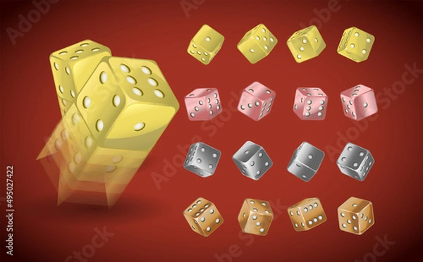 Obraz 2D Dice With Metallic Textures. Gold, Silver And Copper Dice On A Red Background