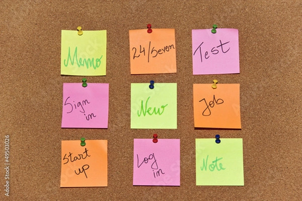 Fototapeta Post it, notes paper isolated on wooden background