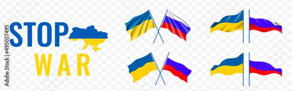 Fototapeta Ukraine Russia flag set. Ukraina Russia friendship on a transparent background. Waving Glorious Ukraine Flag. National symbol. Square, round and heart shape. Stock vector.