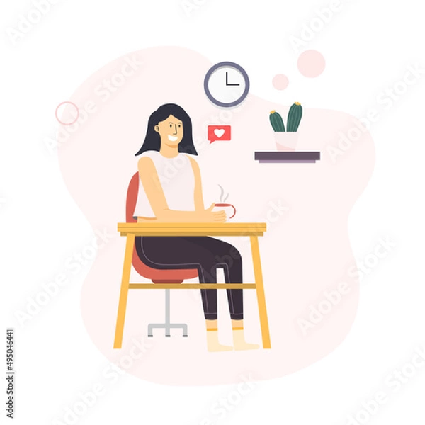 Fototapeta Cute woman character design enjoy coffee in the house with clock, table, chairs and cactus tree elements. People social distance concept during quarantine. Vector illustration in flat cartoon style.