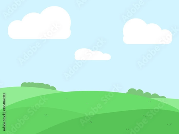 Obraz 草原背景　壁紙　自然　芝生　空　雲　イラスト
