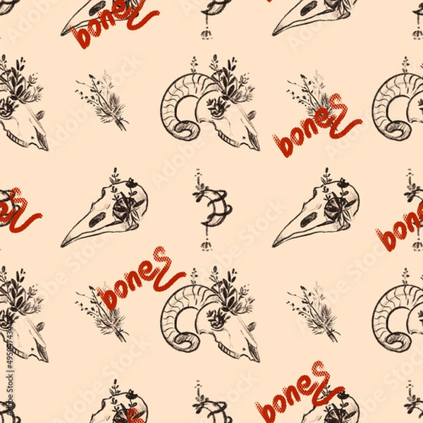 Fototapeta Seamless pattern in tattoo style. Print with bones and skulls on a beige background