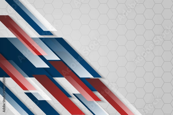 Fototapeta Blue and red abstract business banner presentation on white hexagon background. Modern and elegant tech bright corporate concept with space text.