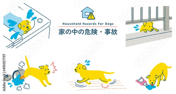 Obraz 犬のイラストセット　家の中の危険・事故