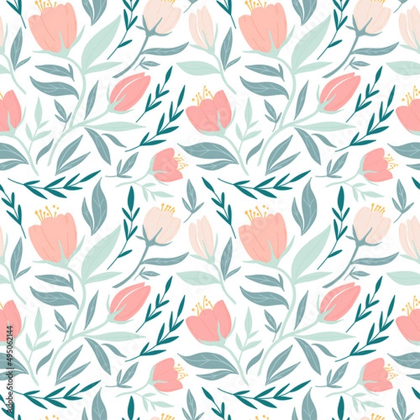 Fototapeta Flowers Seamless vector pattern with garden tulip, plants, botanical. Cute pattern with pink flower.