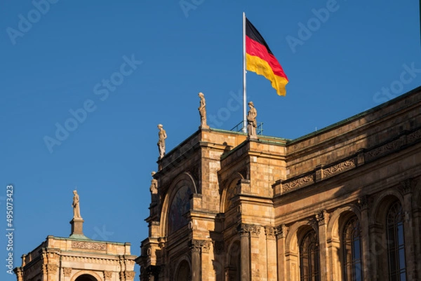 Fototapeta Munich, Germany - December 20 2021: The Maximilianeum, a palatial building in Munich, was built as the home of a gifted students' foundation but since 1949 has housed the Bavarian State Parliament.