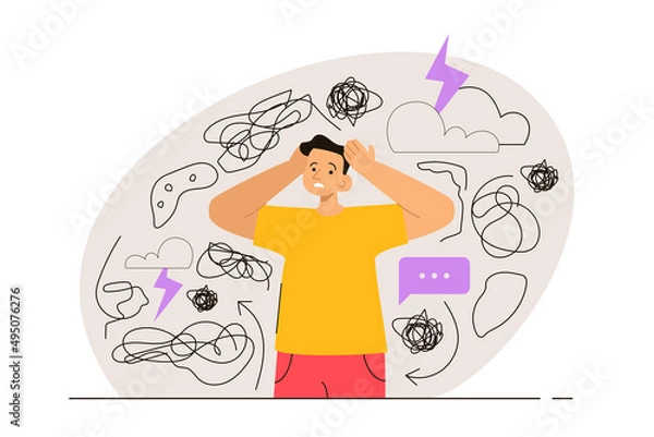 Fototapeta Nervous man touching head surrounded by problems and anxiety thoughts. Phobia, psychological problem and mental health concept. Modern flat vector illustration