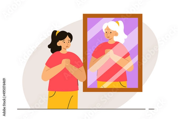 Fototapeta Youn woman looking at the mirror seeing her aged version. Person afraid of getting older. Phobia, psychological problem, anxiety and mental health concept. Modern flat vector illustration