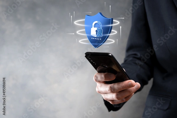 Fototapeta Cyber security network. Padlock icon and internet technology networking. Businessman protecting data personal information,virtual interface. Data protection privacy concept. GDPR. EU.digital crime