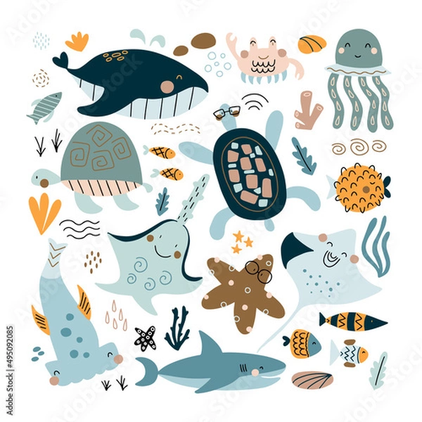 Fototapeta Set with hand drawn sea life elements. Vector doodle cartoon set of marine life objects for your design.