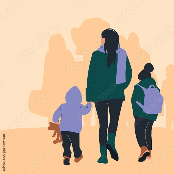 Obraz Refugees. People are being evacuated from the war zone. Woman with children. Vector image.
