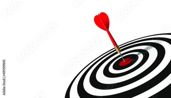 Fototapeta Red dart hit to center of dartboard. Arrow on bullseye in target. Business success, investment goal, opportunity challenge, aim strategy, achievement focus concept. 3d realistic vector illustration