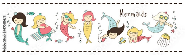 Fototapeta Cute mermaids for your design.