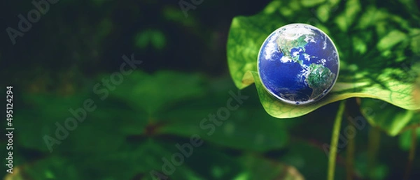 Fototapeta Earth at the edge of green leaf lotus plant on natural dark background ,sustainable and environmental nature for our world concept, Elements of this image furnished by NASA