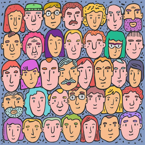 Obraz People avatar big set. Different portraits of hand drawing . Man and woman faces . Vector flat style cartoon illustration