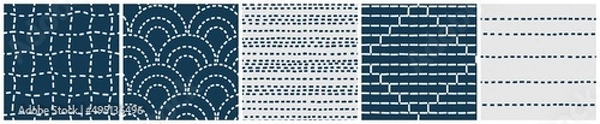 Obraz Sashiko embroidery seamless pattern set. Seigaiha, waves of sea and coordinating line and grid designs. Vector background collection with traditional Japanese textile decoration stitching technic.