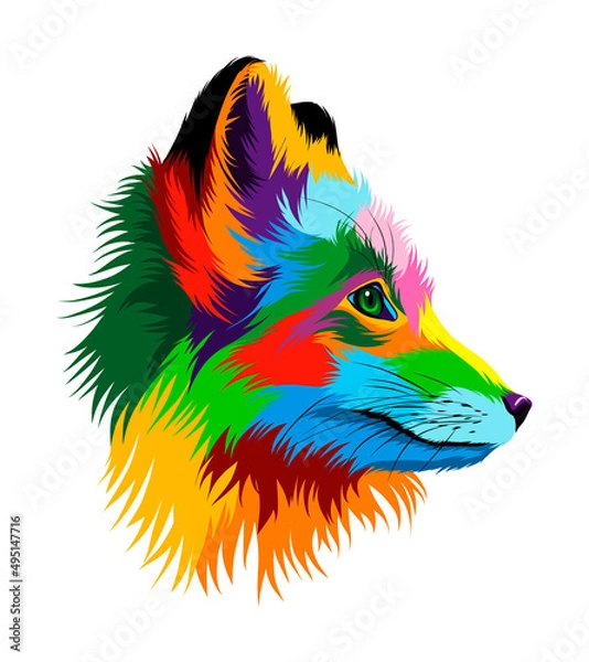 Fototapeta Abstract arctic fox head portrait, fox head portrait from multicolored paints. Colored drawing. Vector illustration of paints