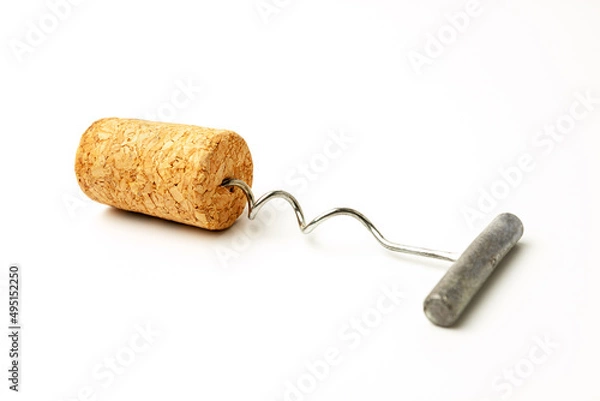 Fototapeta Metal corkscrew with cork isolated on white background. Wine bottle opener with cork stoppers.