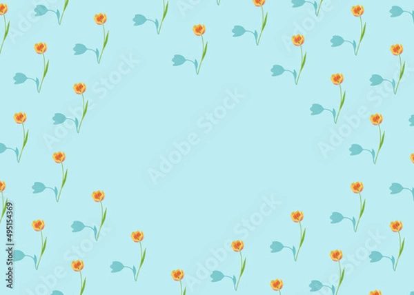 Obraz Spring season pattern concept with fresh blossoming colorful tulips on bright blue background. Floral natural idea, surreal shadow visual effect.