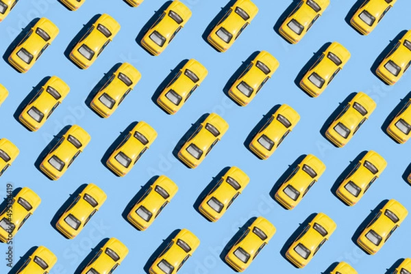 Obraz Minimal creative pattern concept with yellow cars on blue background. Aesthetic transportation idea, vivid colors, simple composition.