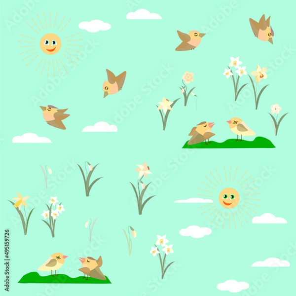 Obraz spring flowers daffodils and birds pattern no background