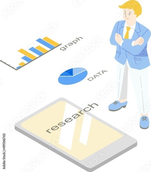 Fototapeta 腕組みしてリサーチする男性とグラフのアイソメトリック主線なしカラーイラスト