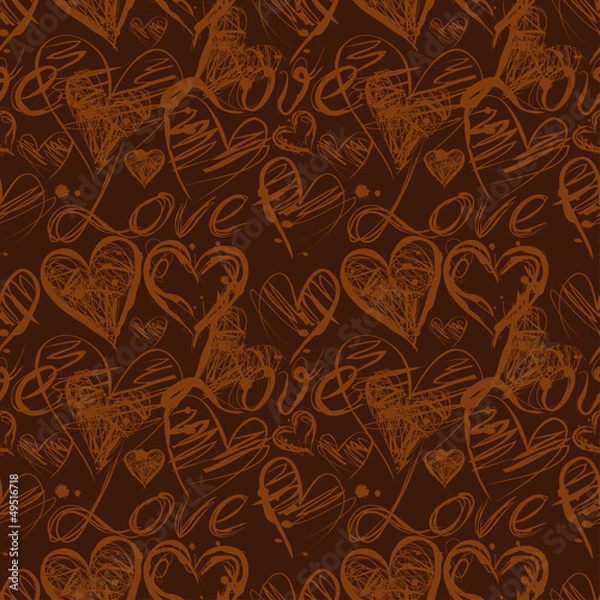 Fototapeta Grunge ink splash seamless pattern with hearts and calligraphy