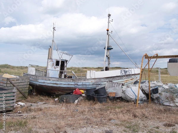 Fototapeta "Slettestrand Landingsplads" Ship at ship landing place beach in Hjortdal, Vendsyssel, Denmark