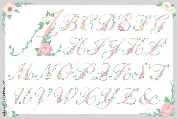 Fototapeta エレガントな花を使ったデザイン文字(アルファベット)のセット。ベクター素材。