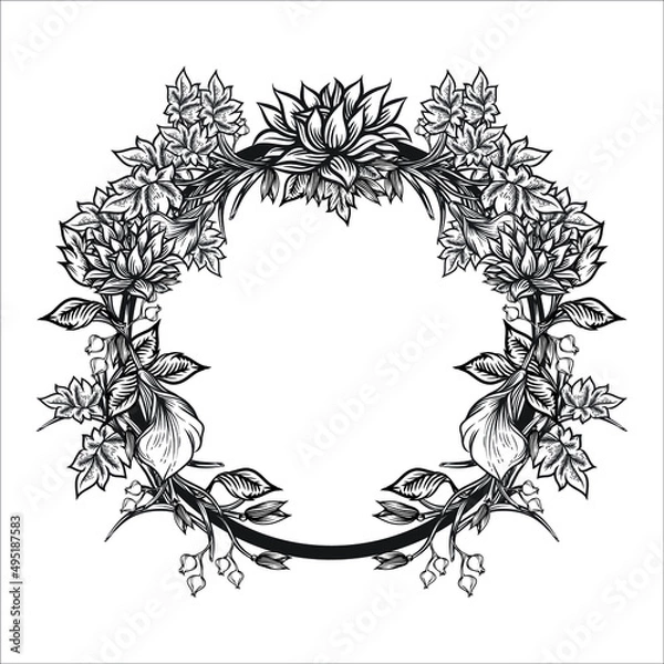 Fototapeta Floral wreath with tree leaves. Hand drawn illustration converted to vector