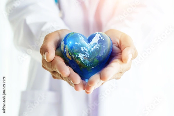Obraz Hands hold Earth ball in heart shape on Doctor hands  for World Health Day content and copy space.Elements of this image furnished by NASA