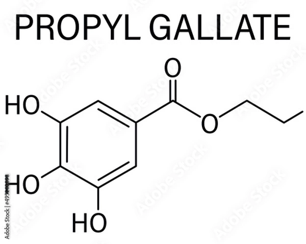 Fototapeta Propyl gallate or propyl 3,4,5-trihydroxybenzoate antioxidant food additive molecule. Skeletal formula.