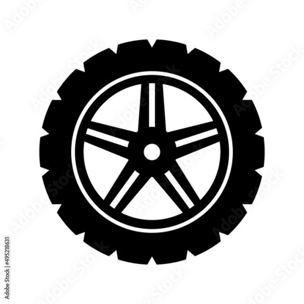 Fototapeta Tire icon. Vector illustration of tyre with thick tread. Car wheel with rim isolated on white background. Off road, all terrain rubber.