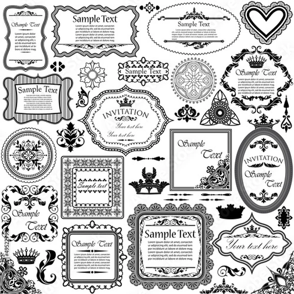 Fototapeta Vector set of calligraphic design elements and floral frames