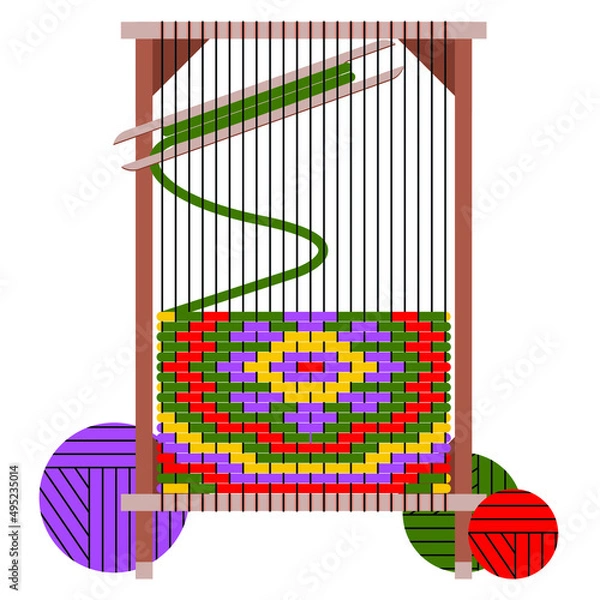 Obraz Vector illustration - a wooden machine for hand carpet weaving with a beautiful multicolored pattern of threads and round balls isolated. Concept craft and hobby