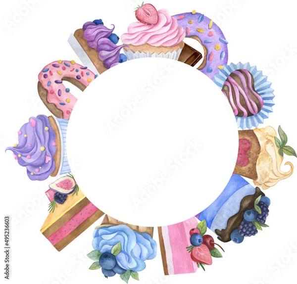 Fototapeta Round watercolor frame with cupcakes and donuts