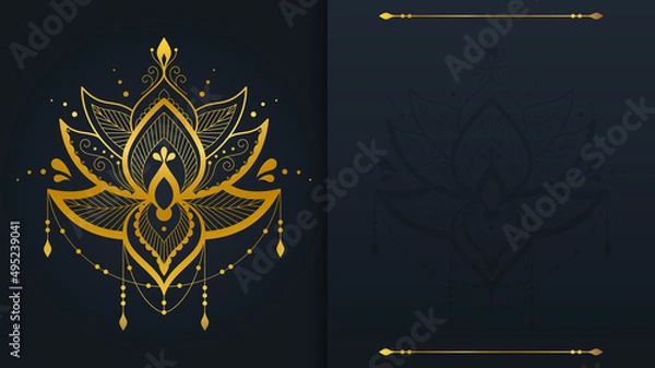 Fototapeta Luxury Golden lotus background vector. Gold Lotus line art design backdrop