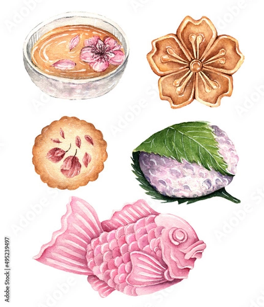 Fototapeta Watercolor illustration. Dessert with sakura. Set with green tea, cookies, sakura mochi, taiyaki, biscuit cake, handmade, postcard, print on t-shirt