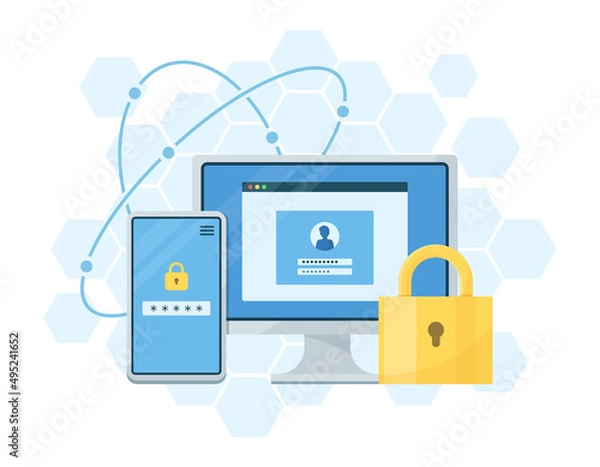 Fototapeta 2要素認証（2段階認証）のコンセプトイラスト. 　アクセス管理のセキュリティ. ログイン画面.