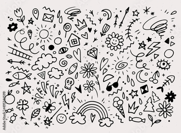 Fototapeta Huge vector set of cute handsketched ink doodles. Sketchy cartoon objects, decorative elements template collection for concept design