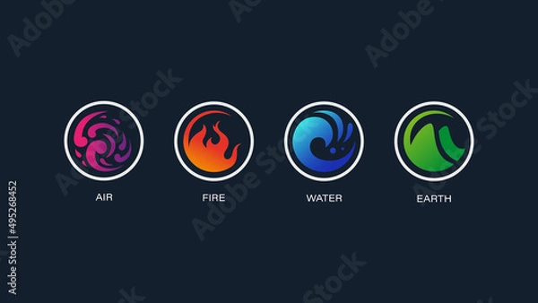 Fototapeta Four element nature icon logo vector. Abstract Wind, Air, fire, water, earth symbol design for game or app concept.