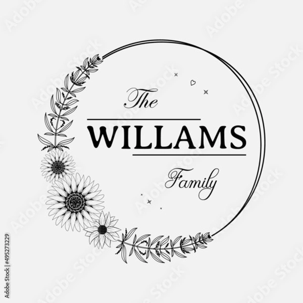 Fototapeta family monogram frame with floral decoration vector illustration, emblem badge monogram with blank space for family, greeting and wedding