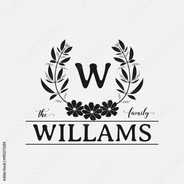 Fototapeta family monogram frame with floral decoration vector illustration, emblem badge monogram with blank space for family, greeting and wedding