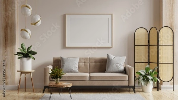 Fototapeta Mock up poster frame in modern interior background with sofa and accessories in the room.