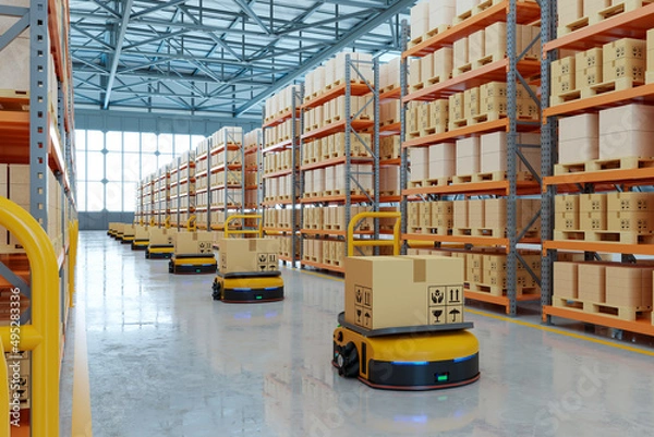 Obraz AGV (Automated guided vehicle) in warehouse logistic and transport.
