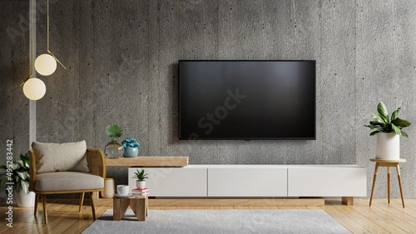Fototapeta LED TV mockup on cabinet in living room the concrete wall.